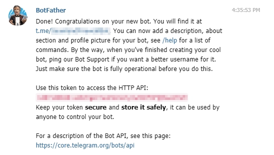 Sample message received when a new bot is created